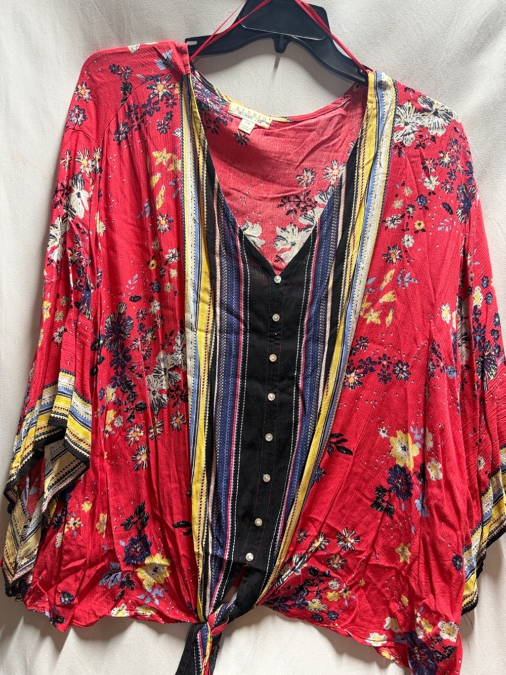 Red Floral Tie-Front Blouse with Striped Placket